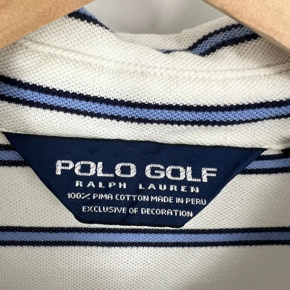 Polo Ralph Lauren Golf Polo Shirt Size XL White Blue‎ Striped Pique Pima Cotton